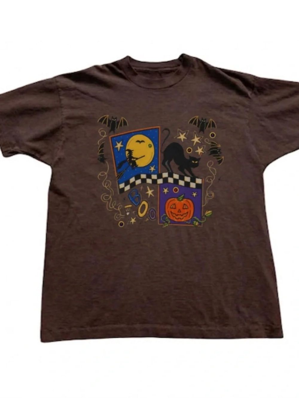 Gildan Brown Halloween Graphic Tee with Orange Pumpkin & Black Cat